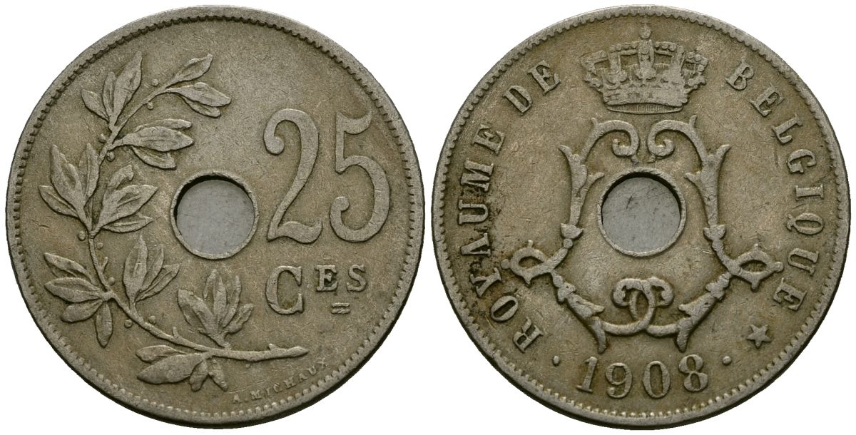 Бельгия 25 сантимов 1908 Belgique KM 62 медно-никель 4168-1143