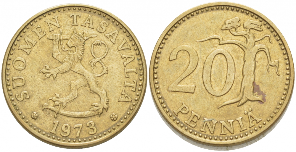 ФИНЛЯНДИЯ 20 ПЕННИ 1973 S KM 47 алюминиевая бронза 3718-1237