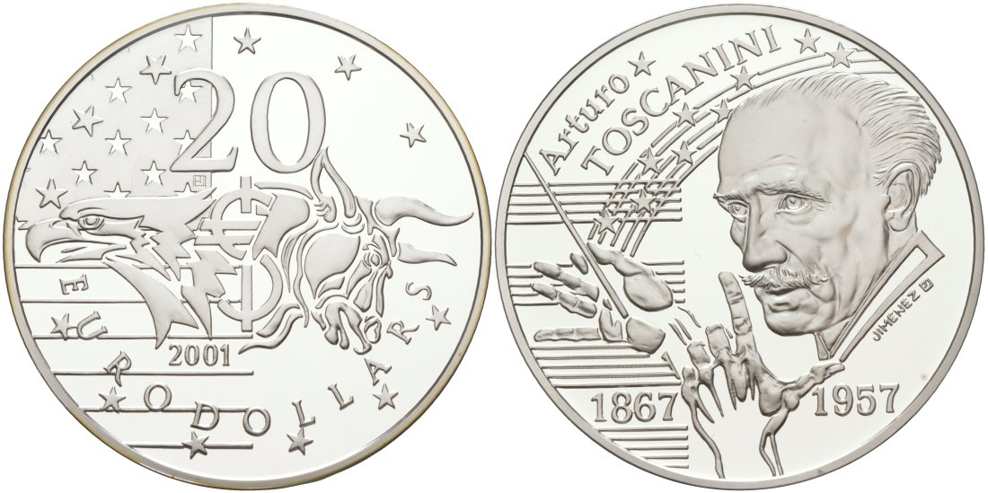 Нидерланды 20 евродолларов 1999 Артуро Тосканини (1899-1980), диаметр 39 мм., в коробке, с сертификатом серебро PROOF 3-4-3-46