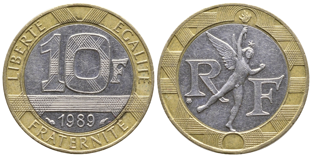 Франция 10 франков 1989 тип гений Бастилии KM 964.1, Le Franc 375.3 биметалл 93-614