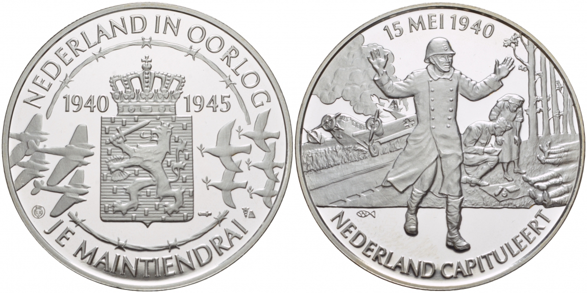 Нидерланды медаль ND Голландия в войне 1940-1945, 15 мая 1940 капитуляция Нидерландов, 31,3 гр, 45,0 мм  серебро  PROOF  11-241-23