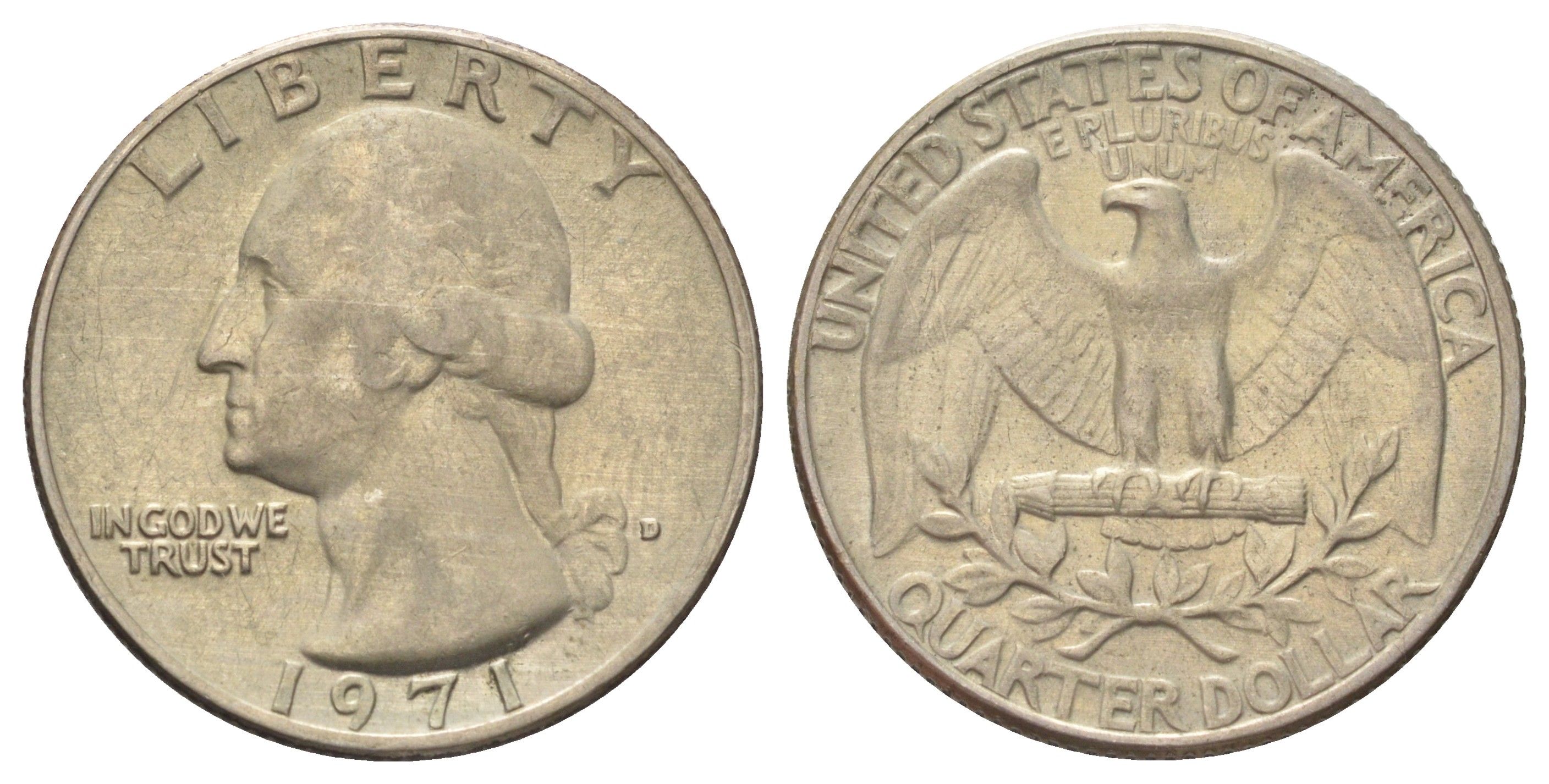 США 25 центов (квотер, 1/4 доллара) 1971 D, Вашингтон KM 164a медь плакированная медно-никелем 4666-934