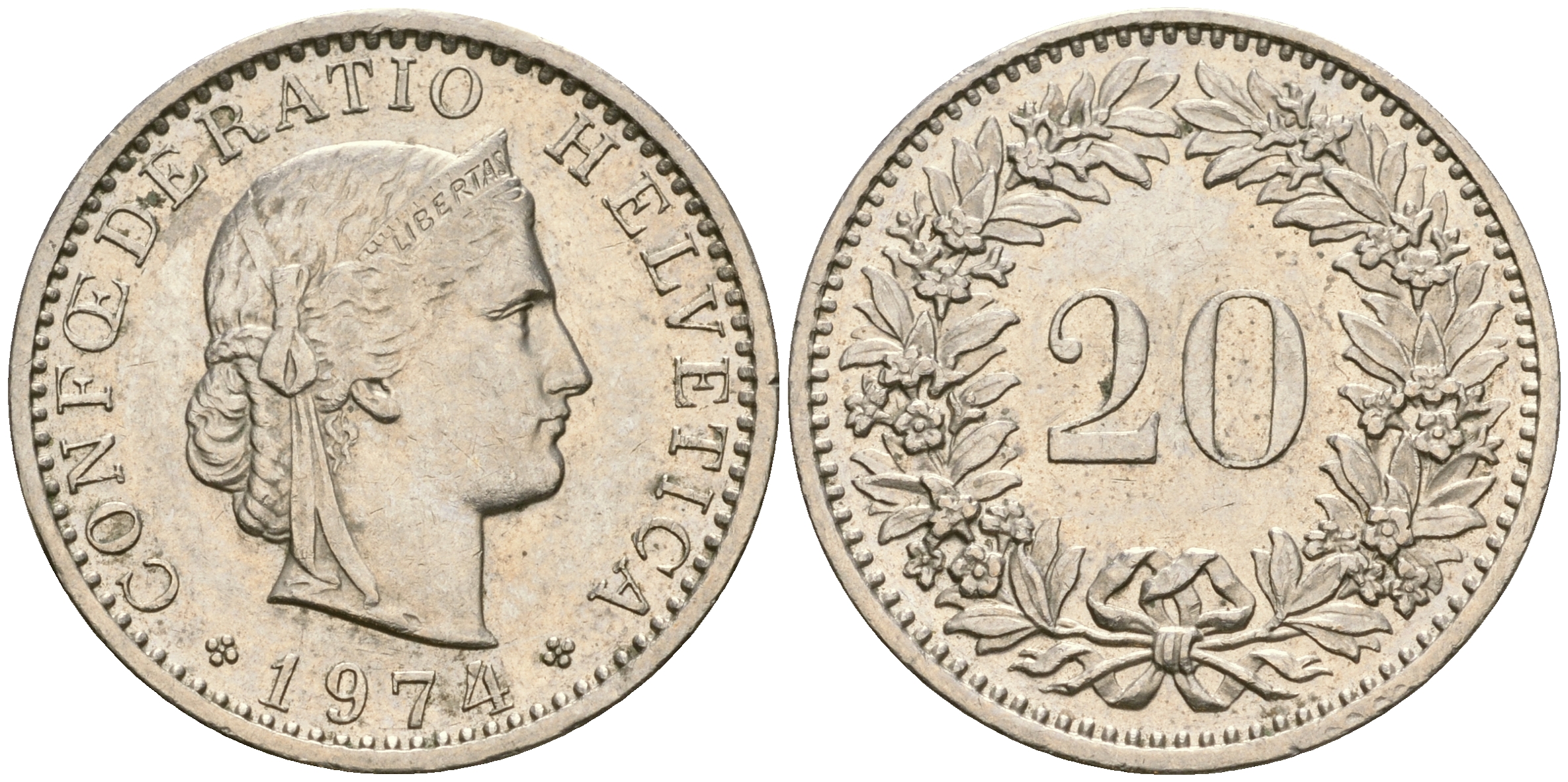 Швейцария 20 раппенов 1974 KM 29а медно-никель 4364-1422