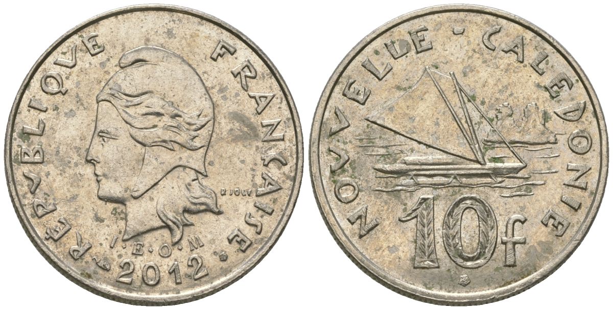 Французская Новая Каледония 10 франков 2012 рыбачья парусная лодка, (IEOM) KM 11a, Schoen 13a, Lec 99k медно-никель 65-214