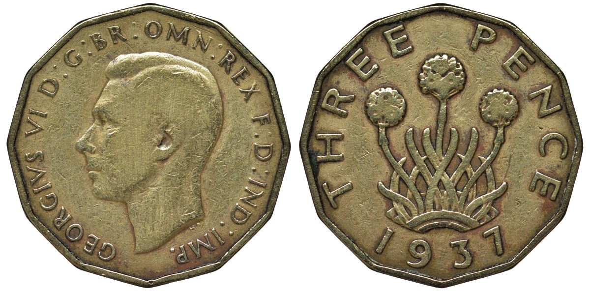 Великобритания 3 пенса 1937 Георг VI (1936-1952) KM 849, Spink 4112 никель латунь 4122-912