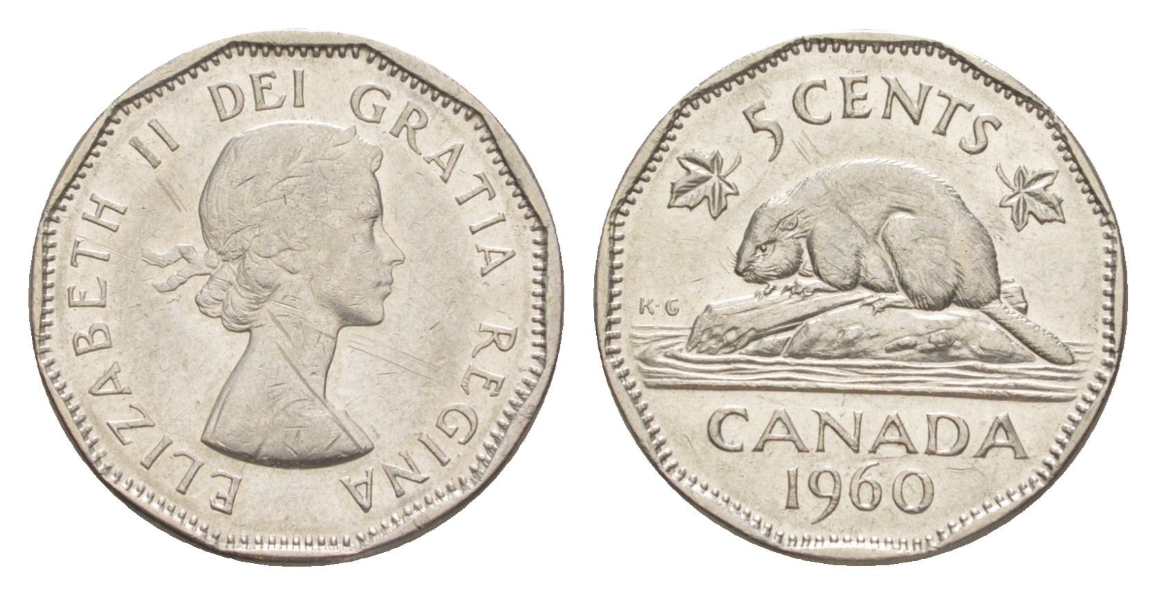Канада 5 центов 1960 Елизавета II (1952-2022), бобр KM 50a никель 4639-437