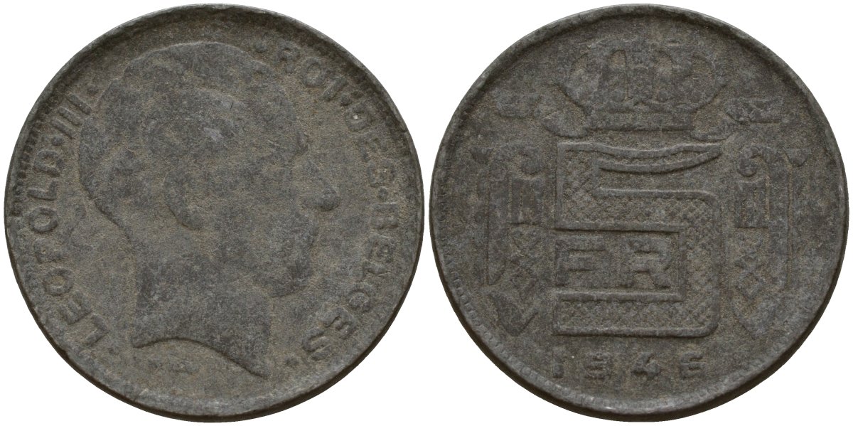 Бельгия 5 франков 1946 DES BELGES, Леопольд III (1934-1947) KM 130 цинк 4161-955