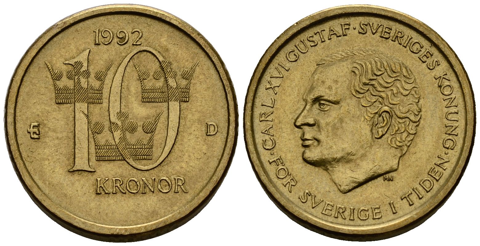 Швеция 10 крон 1992 Карл XVI Густав (1973- ) KM 877 нордик 4176-513