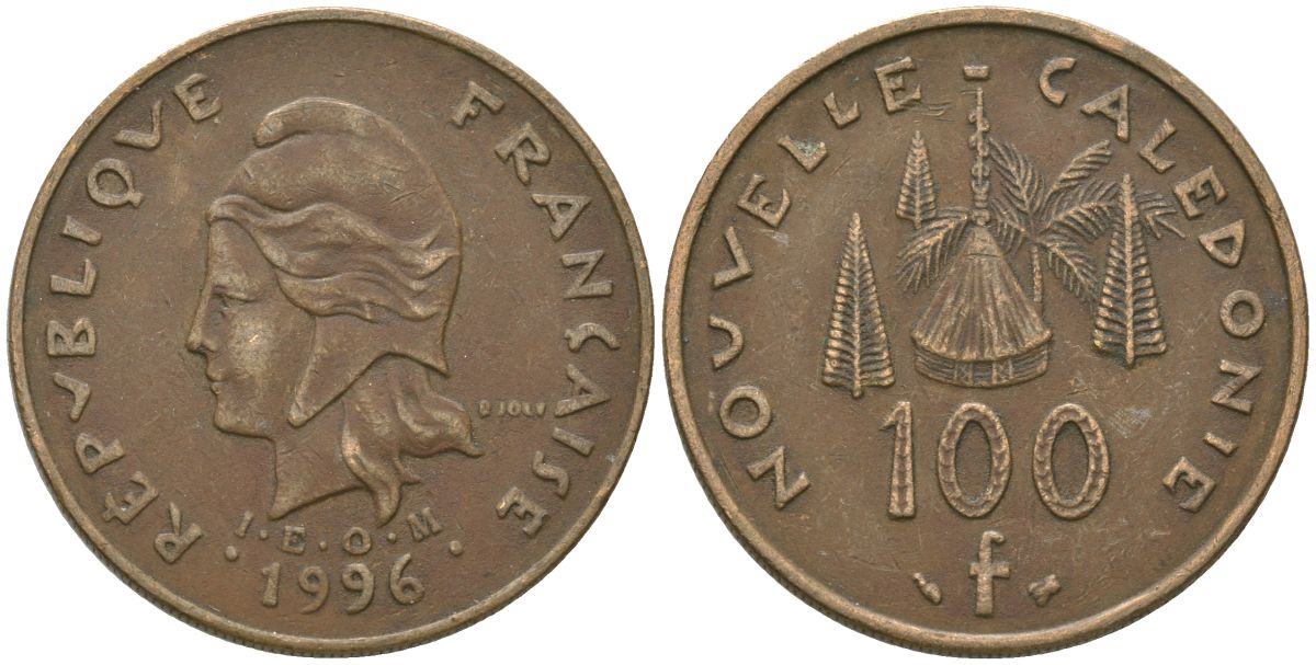 Французская Новая Каледония 100 франков 1996 хижина среди сосен и пальм, (IEOM) KM 15, Schoen 16, Lec 139 никель бронза 88-1142