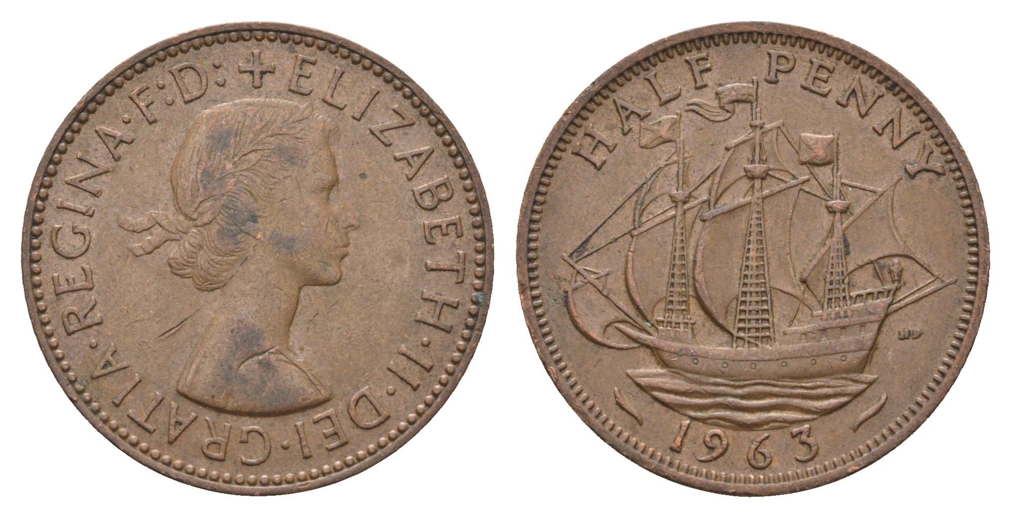 Великобритания 1/2 пенни 1963 Елизавета II (1952-2022) KM 896, Spink 4158 бронза 4662-1215