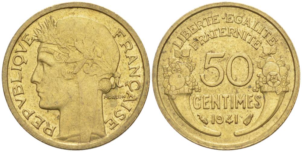 ФРАНЦИЯ 50 САНТИМОВ 1941 ТИП MORLON KM 894.1, LE FRANC 192.18 алюминиевая бронза 44-467
