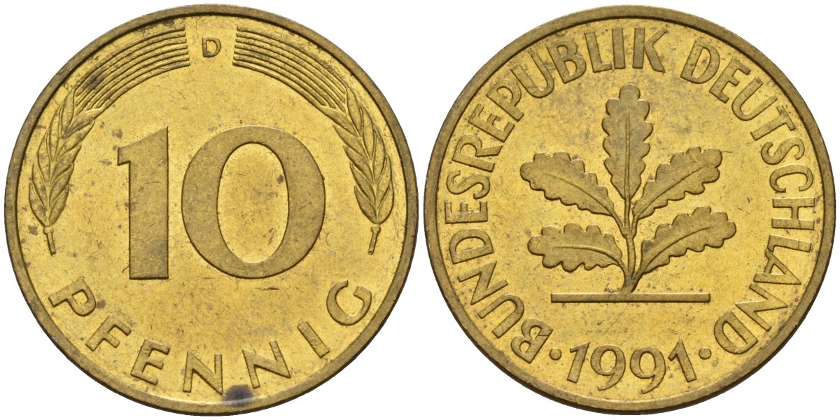 ФРГ 10 пфеннигов 1991 D KM 108, J. 383 сталь плакированная латунью 4171-1147