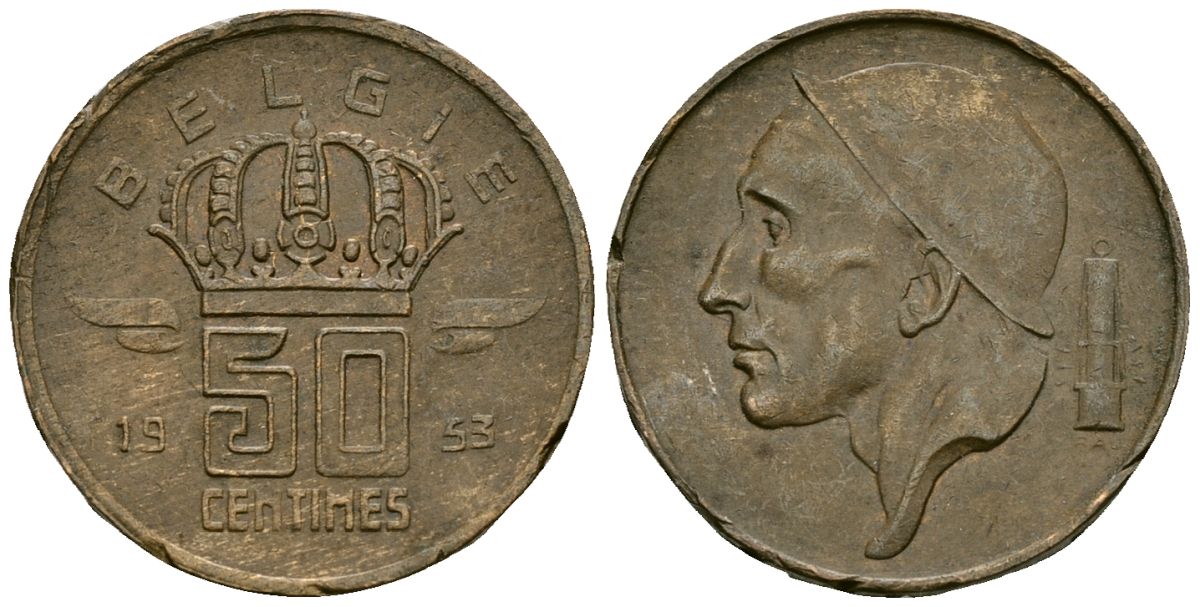 Бельгия 50 сантимов 1953 BELGIE KM 145 бронза 4164-1045