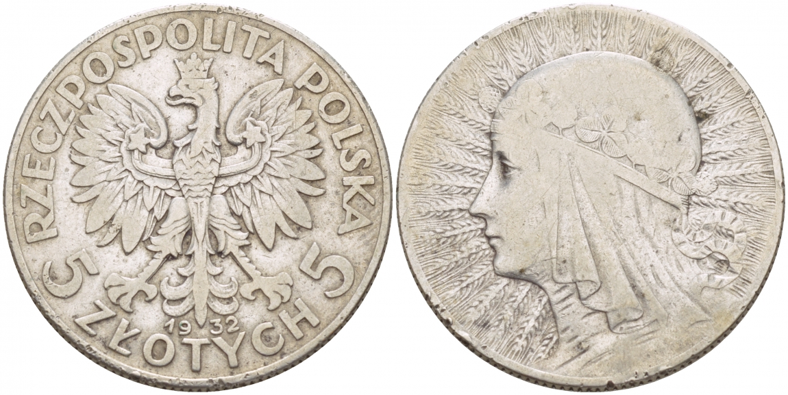ПОЛЬША 5 ЗЛОТЫХ 1932 ЯДВИГА, ЛОНДОН KM 21 серебро 4545-1113