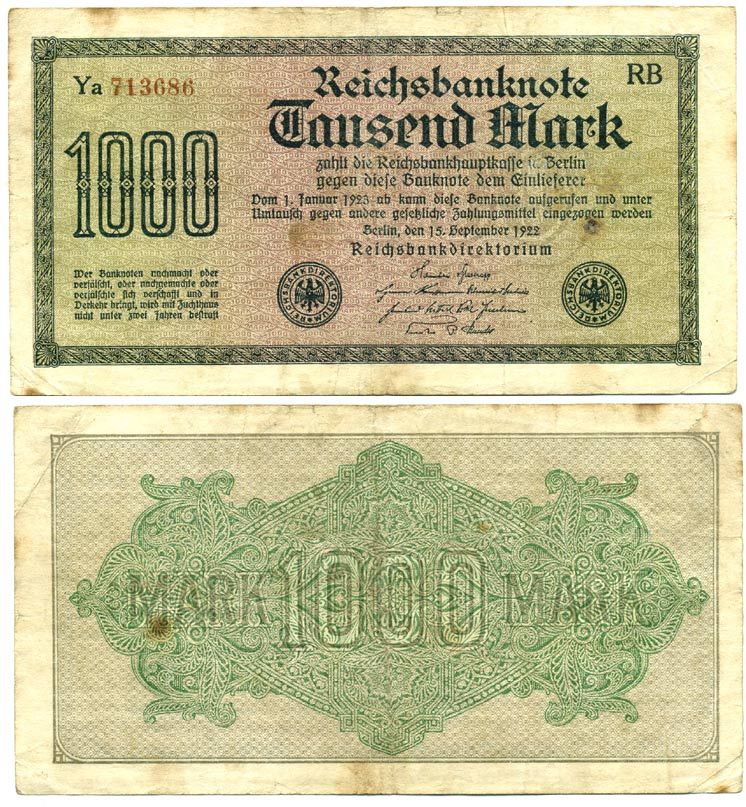 ГЕРМАНИЯ 1000 МАРОК 1922 15 СЕНТЯБРЯ 1922, ВОДЯНОЙ ЗНАК F, БЕЛАЯ БУМАГА Pick 76c бумага 7548-18-1