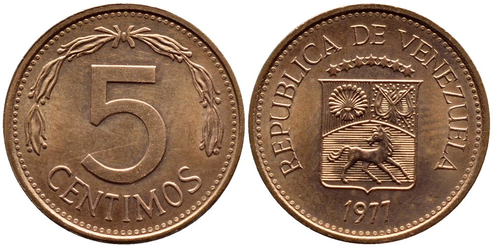 Венесуэла 5 сентимо 1977 KM 49 сталь плакированная медью 4392-942