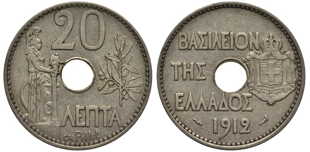 Греция 20 лепта 1912 король Георг I (1863-1913), Афина KM 64 никель 4538-1025