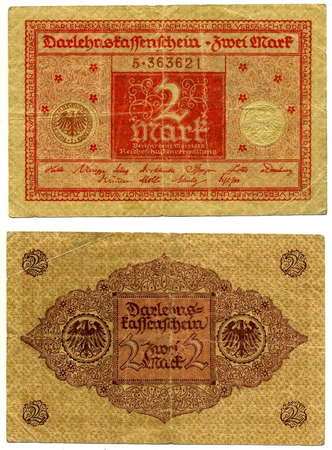 Германия 2 марки 1920 1 марта 1920, красная, серия 5 Pick 59, Розенберг 65b бумага 2195-36-1-2