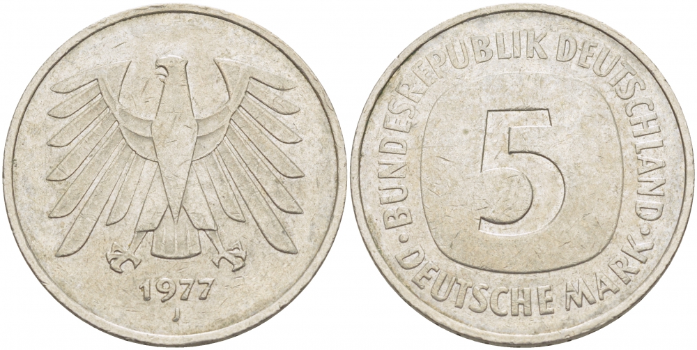 ФРГ 5 МАРОК 1977 J, KM 140.1, J 415 медно-никель плакированный никелем 59-741