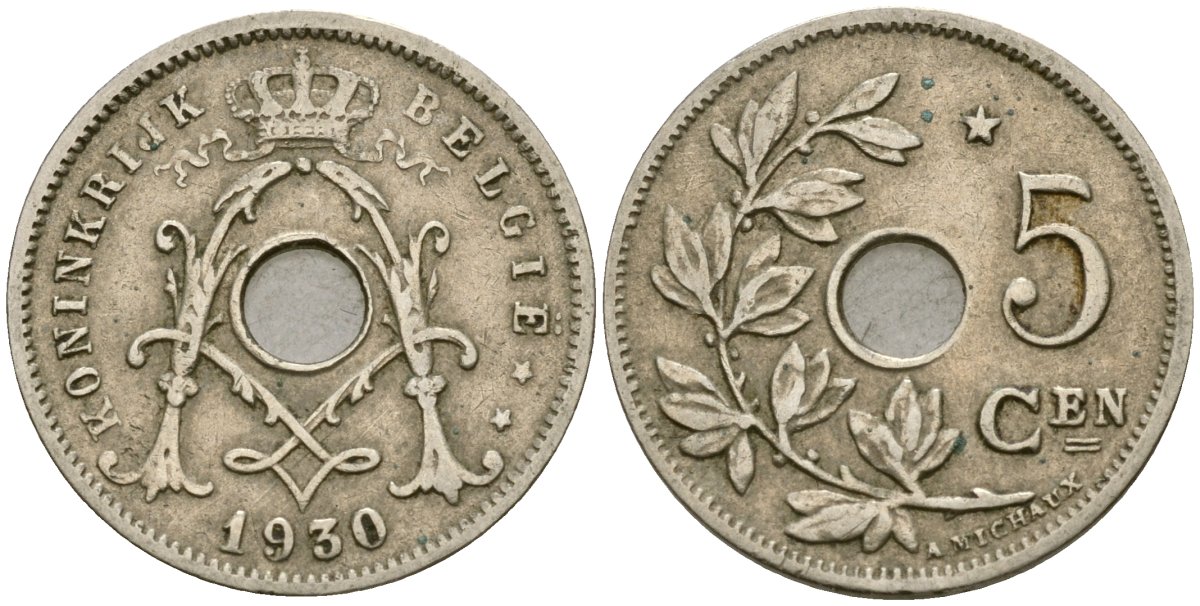 Бельгия 5 сантимов 1930 Belgie KM 67 медно-никель 4136-519