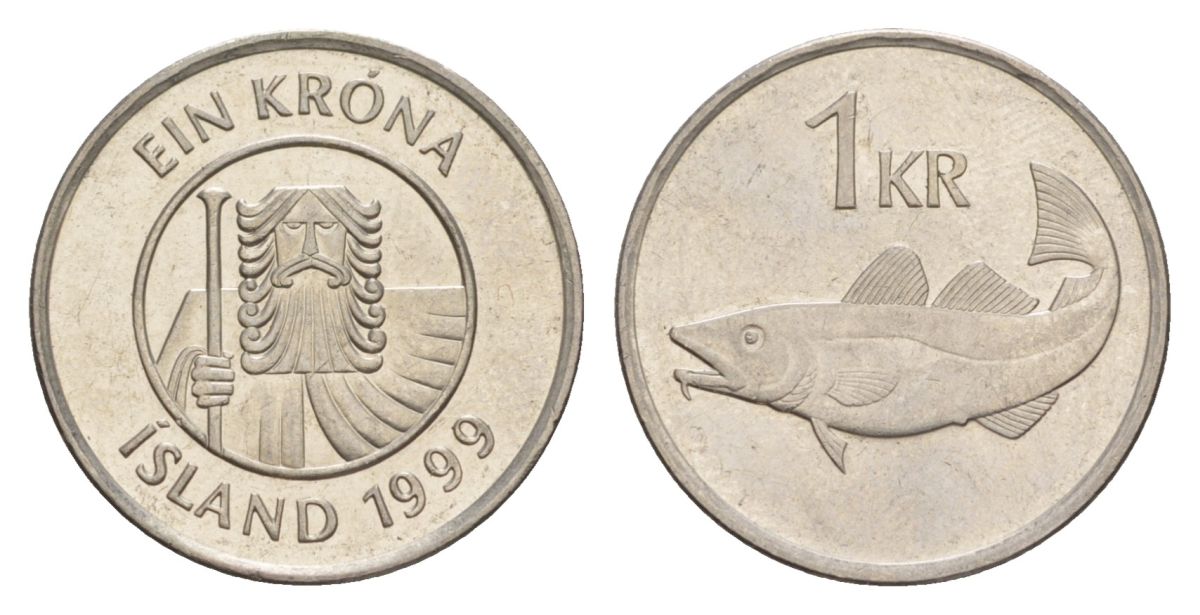 Исландия 1 крона 1999 треска KM 27a сталь плакированная никелем UNC 4635-114