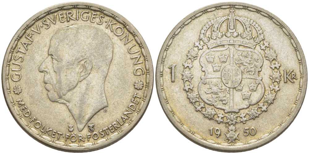 Швеция 1 крона 1950 TS, Густав VI Адольф (1950-1973) KM 814 серебро 119-1123