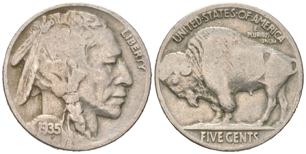 США 5 центов 1935 индеец, бизон KM 134 медно-никель 4614-1159
