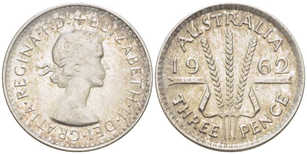 Австралия 3 пенса 1962 m, Елизавета II (1952-2022) KM 57 серебро 4516-156