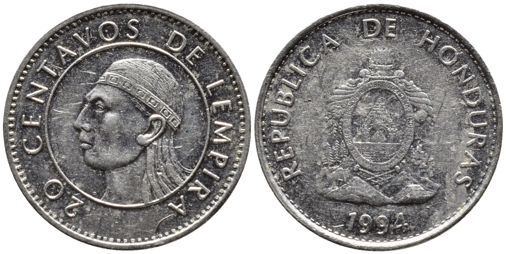 Гондурас 20 сентаво 1994 бюст касика Лемпира KM 83.1а сталь плакированная никелем 4387-862