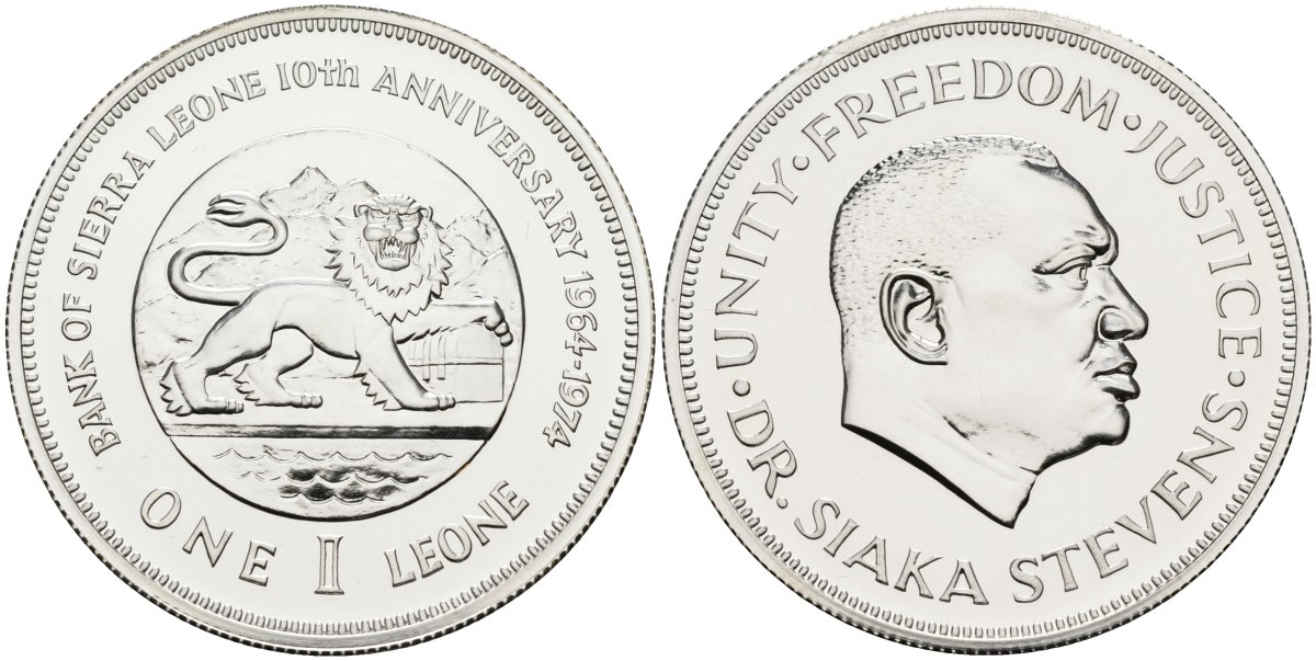 Сьерра-Леоне 1 леоне 1974 10 лет национальному банку, лев, президент Сиака Стивенс, тираж 22000 экз. KM 26а серебро UNC 00-00
