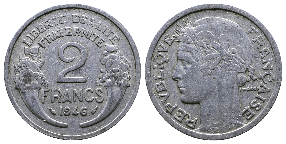 ФРАНЦИЯ 2 ФРАНКА 1946 KM 886a.1 алюминий 261-715