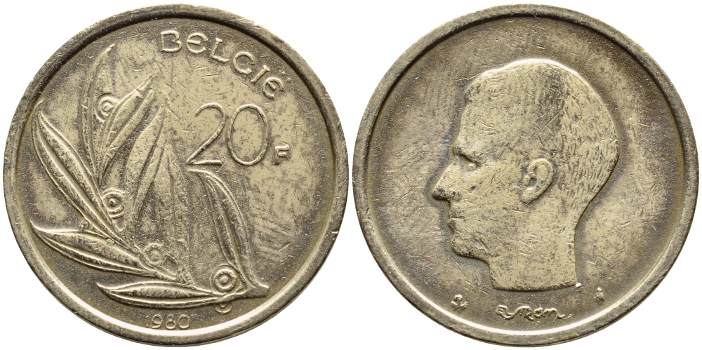 БЕЛЬГИЯ 20 ФРАНКОВ 1980 BELGIE, БОДУЭН I (1951-1993) KM 160 никель бронза 91-234