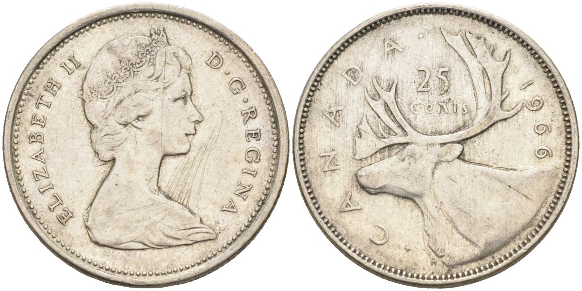 Канада 25 центов 1966 Елизавета II (1952-2022), олень KM 62 серебро 4126-522