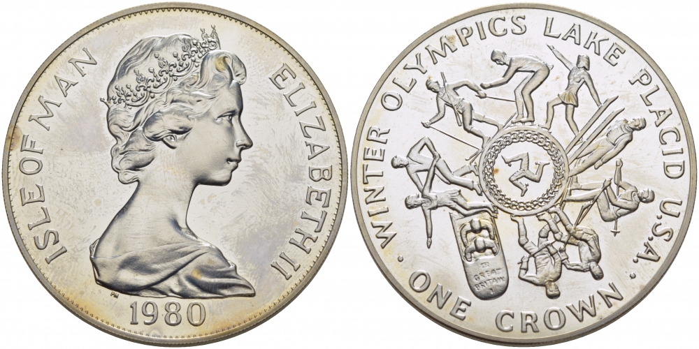 Остров Мэн 1 крона 1980 Зимние Олимпийские игры 1980 года в Лейк-Плэсиде, виды спорта KM 64a серебро UNC 01-171-32