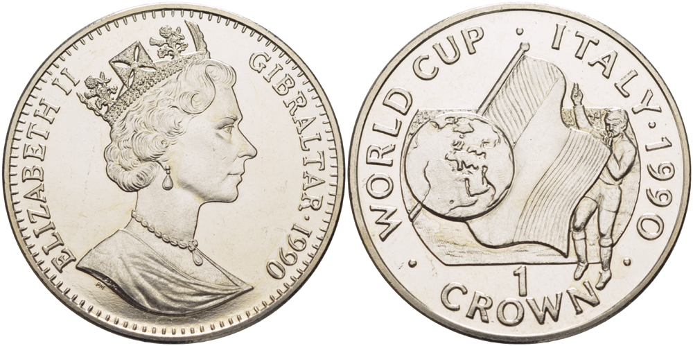 Гибралтар 1 крона 1990 чемпионат мира по футболу в Италии 1990 года, судья, флаг, глобус KM 33 медно-никель BUNC 00-00-00