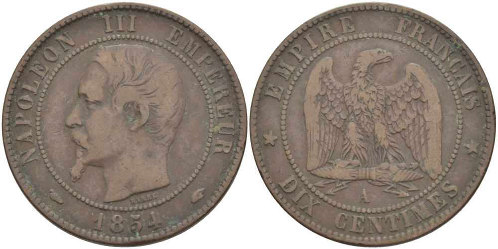 ФРАНЦИЯ 10 САНТИМОВ 1854 A, НАПОЛЕОН III (1852-1870) KM 771.1, LE FRANC 133.10 бронза 38-942