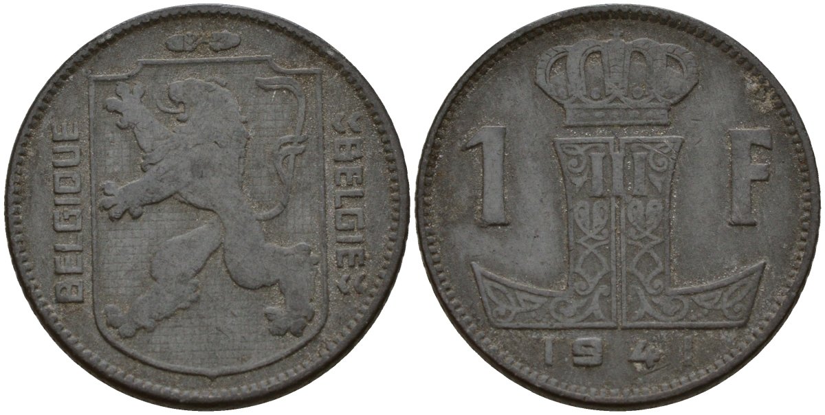 Бельгия 1 франк 1941 Belgique - Belgie, Леопольд III (1934-1947), германская оккупация, Вторая мировая война KM 127 цинк 4161-356