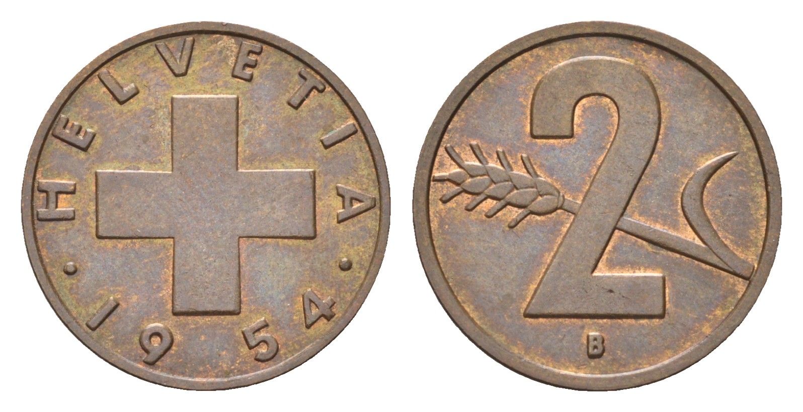 Швейцария 2 раппена 1954 B KM 47 бронза 4708-325