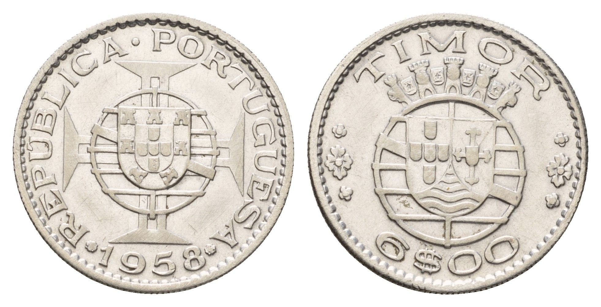 Португальский Тимор 6 эскудо 1958 год-тип KM 15 серебро 4671-826