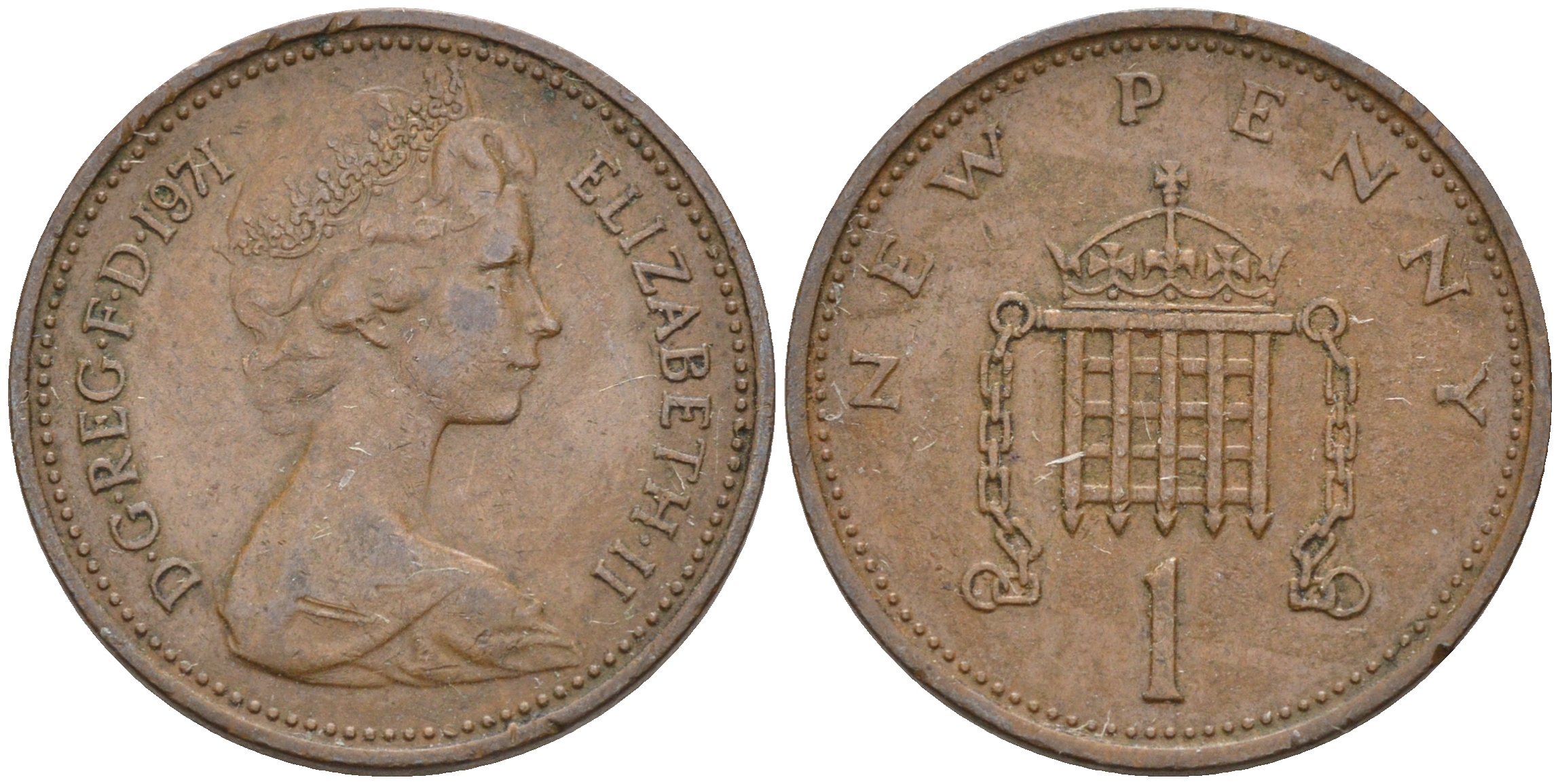 Великобритания 1 пенни 1971 Елизавета II (1952-2022) KM 915, Spink 4237 (B1) бронза 4588-536