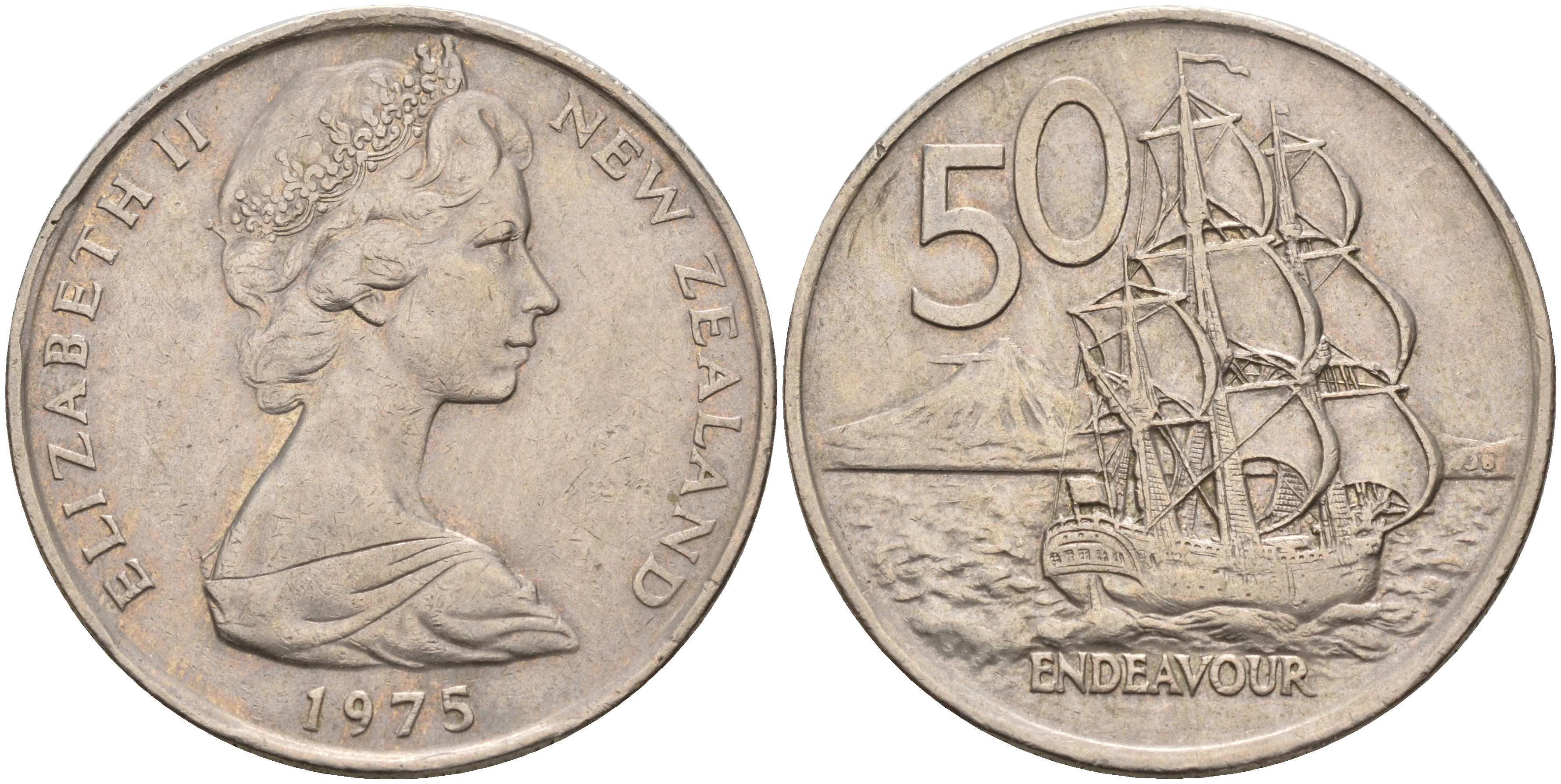 Новая Зеландия 50 центов 1975 Елизавета II (1952-2022), парусник Индевор KM 37.1 медно-никель    4599-1116