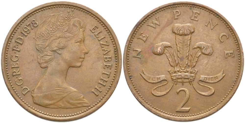 Великобритания 2 пенса 1978 Елизавета II (1952-2022) KM 916, Spink 4235 (C1) бронза 113-342