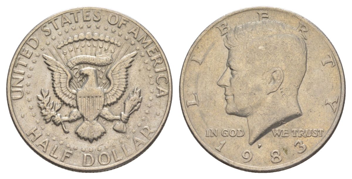 США 1/2 доллара (50 центов) 1983 P, Джон Кеннеди KM A202b медь плакированная медно-никелем aUNC 180-1041