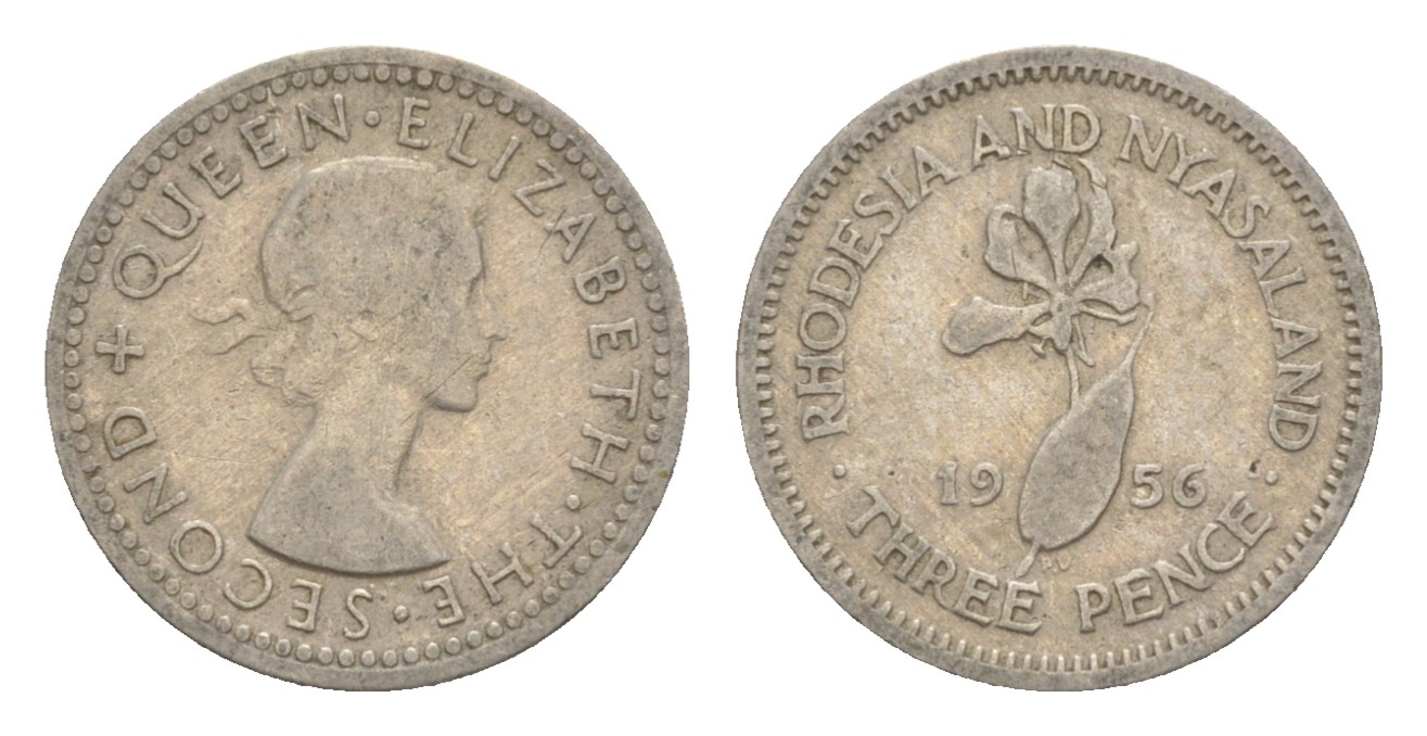 Родезия и Ньясаленд 3 пенса 1956 Елизавета II (1952-2022), цветок глориоза KM  3 медно-никель  4640-918