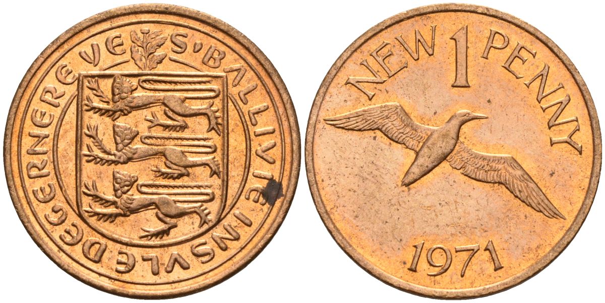 Гернси 1 пенни 1971 Елизавета II (1952-2022), северная олуша в полете KM 21 бронза 4152-1266