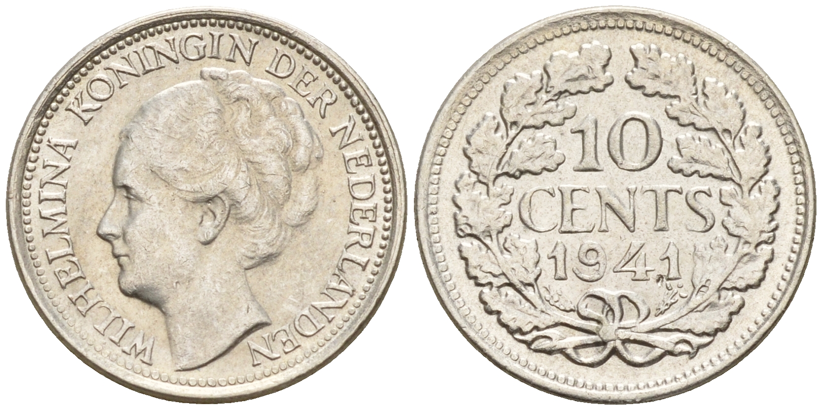 Нидерланды 10 центов 1941 Вильгельмина I (1890-1948) КМ 163 серебро  UNC  4602-528