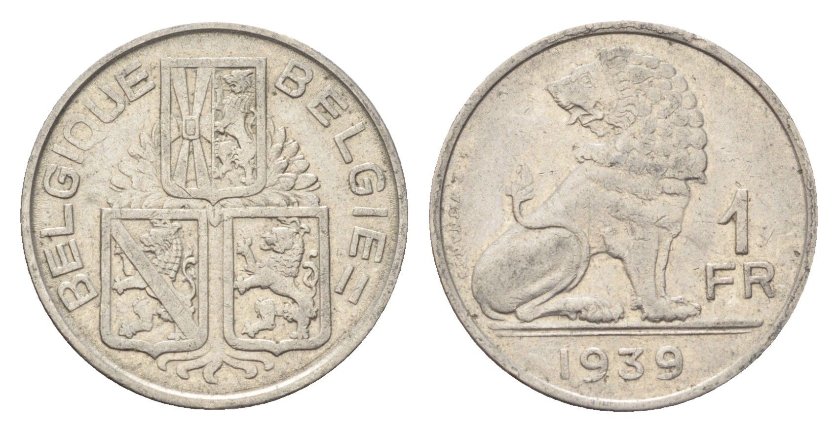 Бельгия 1 франк 1939 Леопольд III (1934-1950), Belgique-Belgie, лев KM 119 никель 4705-364