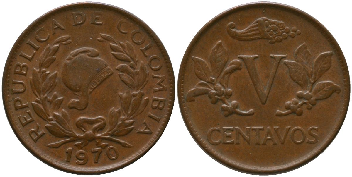 Колумбия 5 сентаво 1970 KM 206a, Schon 27a, Hernandez 384, Restrepo 372.4 сталь плакированная медью 4516-222