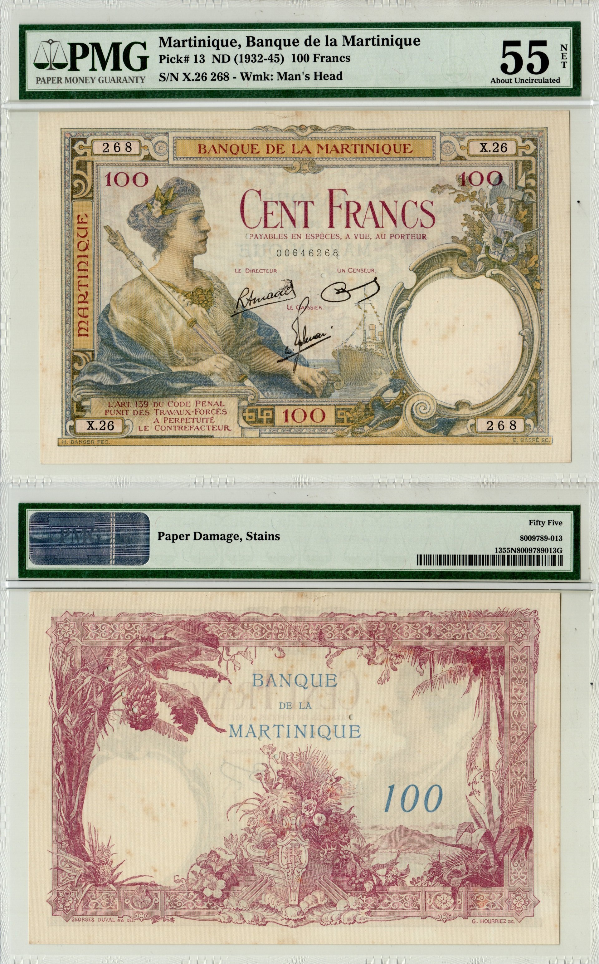 Мартиника  100 франков ND (1932-45) в слабе PMG 55 (about Uncirculated). Аллегорическая женщина, тропические деревья и фрукты Pick 13  бумага  aUNC 10-2-35