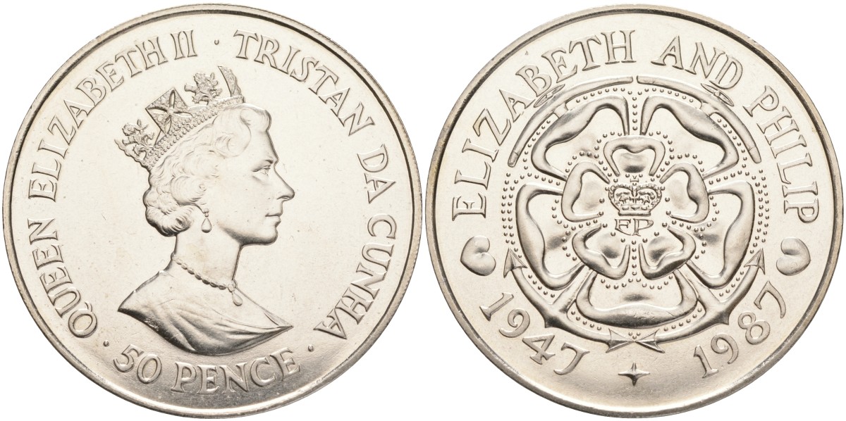 Тристан-да-Кунья 50 пенсов 1987 40 ЛЕТ СВАДЬБЫ Елизаветы II И ФИЛИППА KM 7b медно-никель UNC 4527-1015
